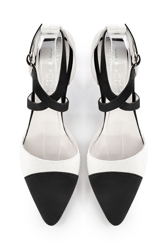 Matt black and off white women's open side shoes, with crossed straps. Tapered toe. Medium comma heels. Top view - Florence KOOIJMAN